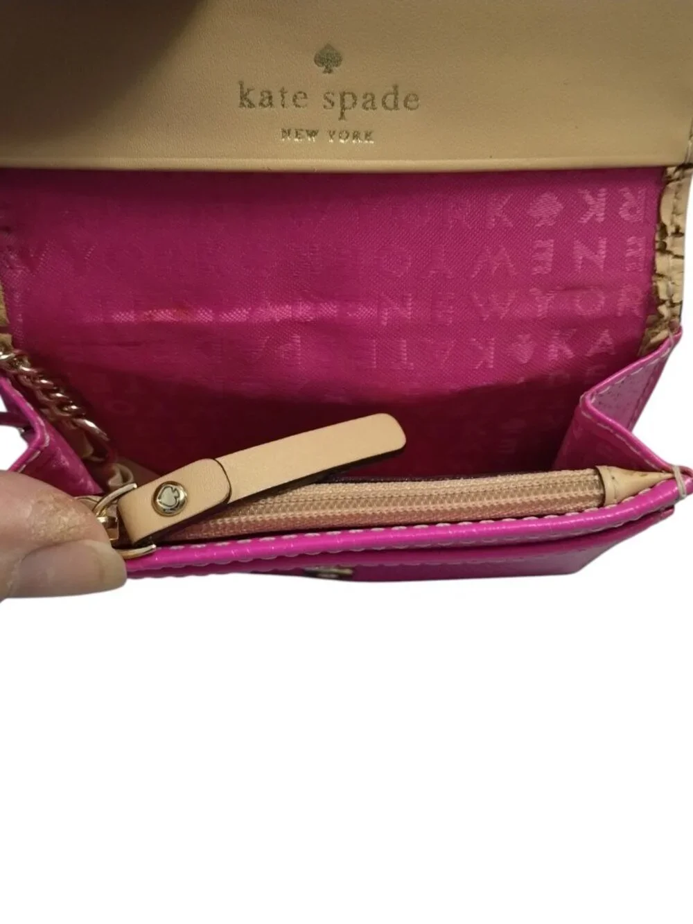 Kate Spade Hot Pink Keyring Mini Wallet Cow Leather Folding Logo Snap Closure